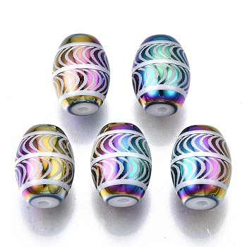 Electroplate Glass Beads, Barrel with Wave Pattern, Colorful, 11x8mm, Hole: 1.2mm, about 200pcs/bag