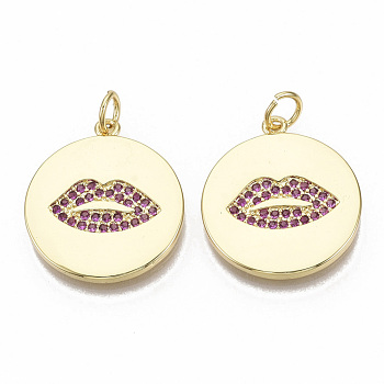 Brass Micro Pave Cubic Zirconia Pendants, with Jump Rings, Nickel Free, Flat Round with Lip, Medium Violet Red, Real 16K Gold Plated, 21x18.5x2mm, Jump Rings: 5x0.8mm.