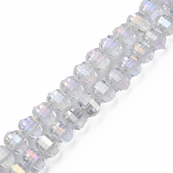 Electroplate Transparent Glass Beads Strands, AB Color Plated, Faceted, Round, Clear, 9.5x8.5mm, Hole: 1.5mm, about 65~70pcs/strand, 22.05 inch~23.62 inch(56~60cm)