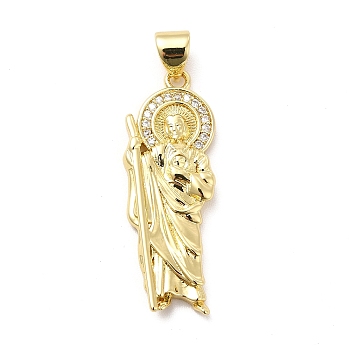 Rack Plating Brass Micro Pave Cubic Zirconia Pendants, Religion Saint Jude Charm, Long-Lasting Plated, Cadmium Free & Lead Free, Real 18K Gold Plated, 29.5x10.5x2.5mm, Hole: 3.5x4mm