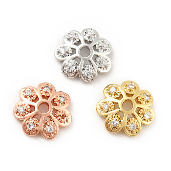 Brass Micro Pave Clear Cubic Zirconia Bead Caps, Cadmium Free & Lead Free, Multi-Petal, Flower, Mixed Color, 8x2mm, Hole: 1.2mm