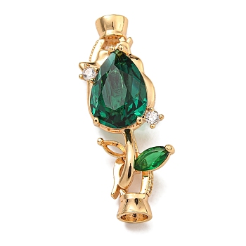 Brass Micro Pave Clear Cubic Zirconia Fold Over Clasps, Flower, Real 18K Gold Plated, Sea Green, 38x12x10mm, Hole: 5mm