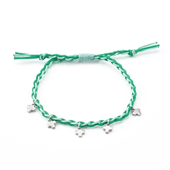 Adjustable Nylon Thread Braided Bead Bracelets, with 304 Stainless Steel Cross Charms, Stainless Steel Color, Dark Sea Green, Inner Diameter: 5/8~2-7/8 inch(1.7~7.4cm)