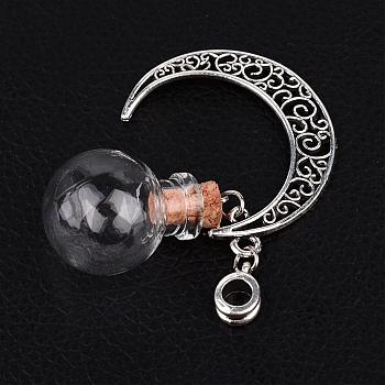 Round with Moon Glass Wishing Bottle European Dangle Charms, with Tibetan Style Alloy Hollow Pendants, Iron Findings and Tibetan Style Alloy Hangers, Antique Silver, 55mm, Hole: 5mm, Capacity: 1ml(0.03 fl. oz)