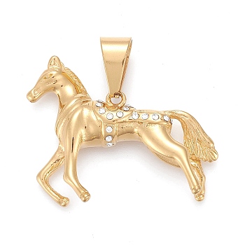 304 Stainless Steel Pendants, with Crystal Rhinestone, Horse, Golden, 33x40x6.5mm, Hole: 6.5x12mm
