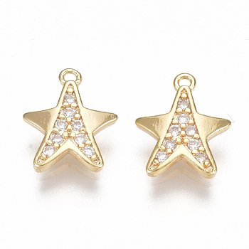 Brass Cubic Zirconia Charms, Star, Clear, Nickel Free, Real 18K Gold Plated, 10.5x9x1.5mm, Hole: 1mm