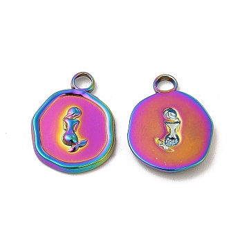Ion Plating(IP) 304 Stainless Steel Pendants, Flat Round with Mermaid Charm, Rainbow Color, 16x13x2mm, Hole: 2mm