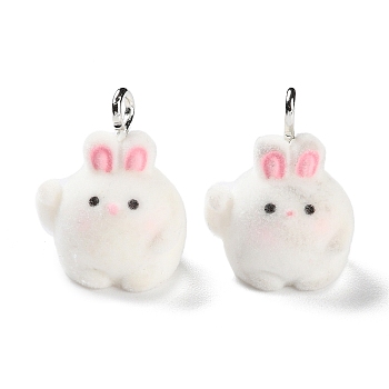 Animal Shape Flocky Resin Pendants, Cute Animal Charms with Platinum Plated Iron Loops, Rabbit, 21x16.5x14.5mm, Hole: 2mm