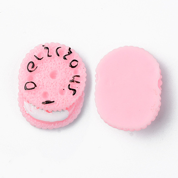 Resin Cabochons, Opaque, Imitation Food, Cookie, with Words I Delicious, Pink, 26x21.5x7.5mm