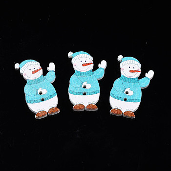 Christmas 2-Hole Spray Painted Maple Wooden Buttons, Single-Sided Printed, Snowman, Medium Turquoise, 35x21.5x2mm, Hole: 1.8mm