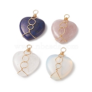 Natural & Synthetic Mixed Gemstones Copper Wire Wrapped Pendants, Heart Charms, Golden, Mixed Dyed and Undyed, 39~42x30~30.5x9~10mm, Hole: 4~5mm(PALLOY-JF01976)