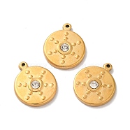 Ion Plating(IP) 304 Stainless Steel Pendants, with Crystal Rhinestone, Flat Round Charms, Golden, 19.5x16x3mm, Hole: 1mm(STAS-Q001-21G)