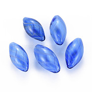 Transparent Handmade Blown Glass Globe Beads, with Glitter Powder, Stripe Pattern, Rice, Dodger Blue, 25~27x12~13mm, Hole: 1~2mm(GLAA-T012-13)