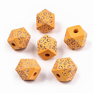 Painted Natural Wood Beads, Laser Engraved Pattern, Faceted, Polygon with Leopard Print, Orange, 12x12x12mm, Hole: 2.5mm(WOOD-T021-51B-10)