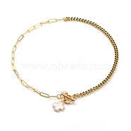 Natural Shell Cross Pendant Necklaces, with Natural Pearl Beads, Brass Enamel Curb Chains, Brass Paperclip Chains and 304 Stainless Steel Toggle Clasps, Creamy White, Golden, 16 inch(40.5cm)(NJEW-JN03240-01)
