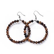 Natural Tiger Eye Dangle Earrings, with Stainless Steel Hook, Ring, 60~61x44mm, Pin: 0.6mm(EJEW-K077-A03)
