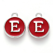 Platinum Plated Alloy Enamel Charms, Cadmium Free & Lead Free, Enamelled Sequins, Flat Round with Letter, Red, Letter.E, 14x12x2mm, Hole: 1.5mm(ENAM-S118-03E-P)