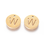 Ion Plating(IP) 304 Stainless Steel Charms, Flat Round with Letter, Golden, Letter.W, 10x1.5mm, Hole: 1mm(STAS-I120-10W-G)