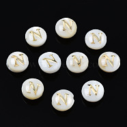 Natural Freshwater Shell Beads, with Golden Plated Brass Etched Metal Embellishments, Flat Round with Letter, Seashell Color, Letter.N, 6x4mm, Hole: 0.8mm(SHEL-S278-036N)