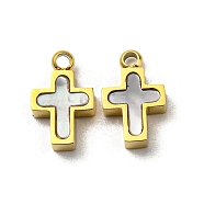 304 Stainless Steel Shell Charms, Cross, Real 14K Gold Plated, 10.5x6.5x2.5mm, Hole: 1.2mm(STAS-L022-014G)