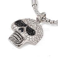 Rhinestone Skull Pendant Necklace with Natural Black Agate Beads, 304 Stainless Steel Gothic Jewelry for Women, Stainless Steel Color, 27.20 inch(69.1cm)(NJEW-B083-01)