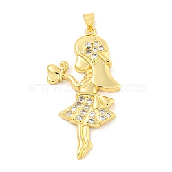 Rack Plating Brass Micro Pave Clear Cubic Zirconia Pendants, Long-Lasting Plated, Cadmium Free & Lead Free, Real 18K Gold Plated, Girl with Fower, Girl, 50x25x5mm, Hole: 4x5mm(KK-K341-76B-G)