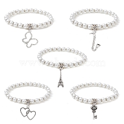 Glass Pearl Beaded Stretch Bracelets, with Alloy Charms, Mixed Shapes, Inner Diameter: 2-1/2 inch(6.2cm), Pendant: 17.5~27x8~23mm(BJEW-JB09696)