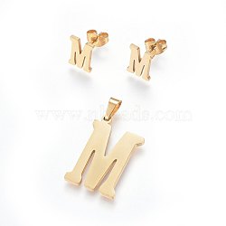 304 Stainless Steel Pendants and Stud Earrings Jewelry Sets, Alphabet, Letter.M, 20~23x13~19x1.5mm, Hole: 6x3mm, 6~10x6~9x1mm, Pin: 0.8mm(SJEW-P099-13G)