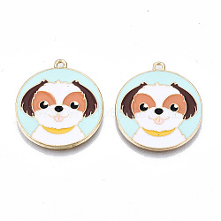 Eco-Friendly Alloy Enamel Pendants, Cadmium Free & Lead Free & Nickel Free, Flat Round with Dog, Light Gold, Aquamarine, 27x24.5x1.5mm, Hole: 1.6mm(X-ENAM-Q437-057-NR)