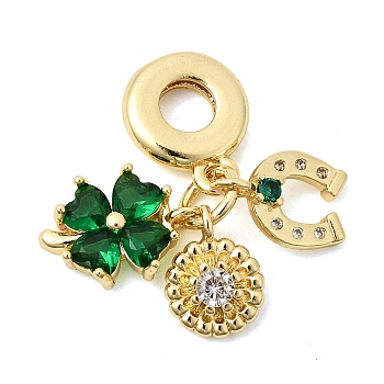 Saint Patrick's Day Brass Pave Green Cubic Zirconia European Dangle Charms, Clover Flower Horseshoe Large Hole Pendants, Cadmium Free & Lead Free, Long-Lasting Plated, Rack Plating, Real 18K Gold Plated, 27.5mm, Hole: 4.5mm