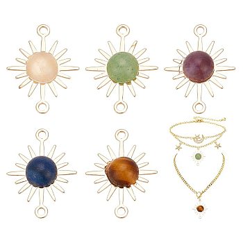 30Pcs Natural Mixed Gemstone Connector Charms, Sun Links, with Real 14K Gold Plated Brass Findings, 18x13.5x4mm, Hole: 1mm