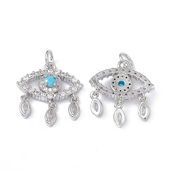 Brass Clear & Cyan Cubic Zirconia Pendants, with Jump Ring, Eye Charms, Platinum, 19x17x3.5mm, Hole: 3mm