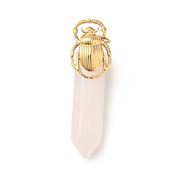 Insect Natural Rose Quartz Pointed Pendants, with Ion Plating(IP) Platinum & Golden Tone 304 Stainless Steel Findings, Faceted Bullet Charm, 40.5mm, Ladybug: 17.5x11.5x2.5mm, Bullet: 32.5x8.5x8mm, Hole: 3.4mm