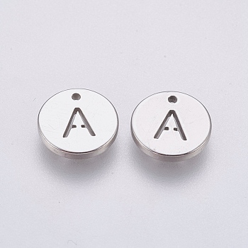 304 Stainless Steel Charms,  Flat Round with Letter, Stainless Steel Color, Letter.A, 10x1mm, Hole: 1mm