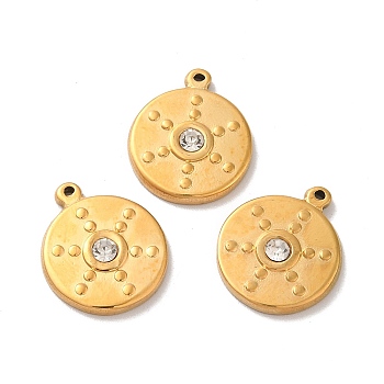 Ion Plating(IP) 304 Stainless Steel Pendants, with Crystal Rhinestone, Flat Round Charms, Golden, 19.5x16x3mm, Hole: 1mm