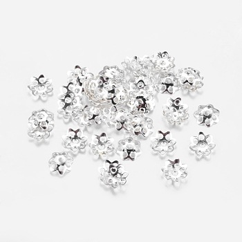 Iron Bead Caps, Flower, Cadmium Free & Lead Free, Multi-Petal, Silver Color Plated, 6x1mm, Hole: 1mm, about 1000pcs/20g