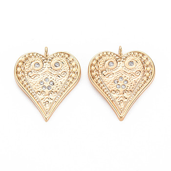 Brass Micro Pave Clear Cubic Zirconia Pendants, Nickel Free, Heart, Real 18K Gold Plated, 22x19x3mm, Hole: 1.2mm