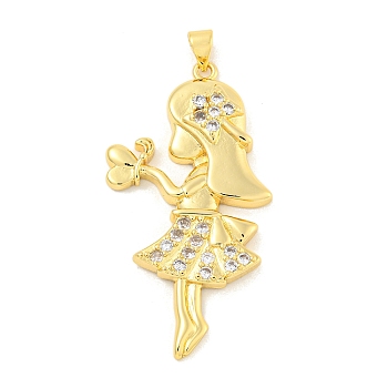 Rack Plating Brass Micro Pave Clear Cubic Zirconia Pendants, Long-Lasting Plated, Cadmium Free & Lead Free, Real 18K Gold Plated, Girl with Fower, Girl, 50x25x5mm, Hole: 4x5mm