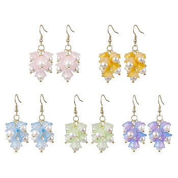 Flower Transparent Spray Painted Glass Cluster Earrings, with 304 Stainless Steel Earring Hooks and Shell Pearl Beads, Mixed Color, 50.5~51x21mm