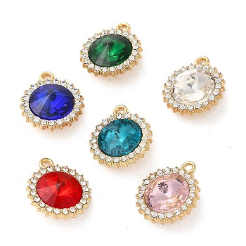 Rack Plating Alloy Pendants, with Rhinestone and Glass, Flat Round Charm, Golden, Mixed Color, 20.5x17.5x8mm, Hole: 1.6mm