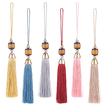 Elite 6Pcs 6 Colors Polyester Tassels Big Pendant Decorations, with Resin & Plastic Finding, Mixed Color, 240mm, 1pc/color