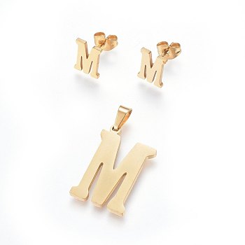 304 Stainless Steel Pendants and Stud Earrings Jewelry Sets, Alphabet, Letter.M, 20~23x13~19x1.5mm, Hole: 6x3mm, 6~10x6~9x1mm, Pin: 0.8mm