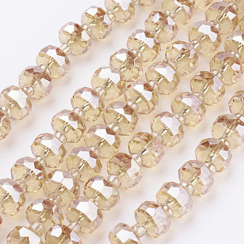 Electroplate Glass Beads Strands, Pearl Luster Plated, Faceted, Flat Round, Wheat, 7.5~8mm, Hole: 1mm, about 50pcs/strand, 13.7 inch(35cm)