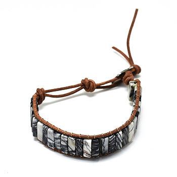 Cowhide Leather Cord Bracelets, with Rectangle Natural Hypersthene Beads and Alloy Findings, 9~11 inch(23~28cm)