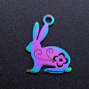 Ion Plating(IP) 201 Stainless Steel Bunny Pendants, Rabbit, Easter Bunny, Rainbow Color, 16x12x1mm, Hole: 1.5mm