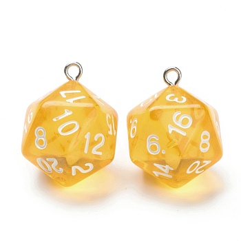 Transparent Acrylic Pendants, with Platinum Plated Iron Findings, Faceted, Dice, Yellow, 27.5x20x20mm, Hole: 2mm