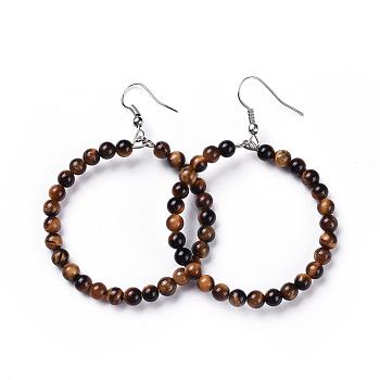 Natural Tiger Eye Dangle Earrings, with Stainless Steel Hook, Ring, 60~61x44mm, Pin: 0.6mm