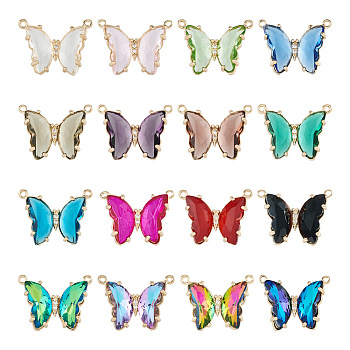 Pandahall 16Pcs 16 Colors Glass Pendants, with Golden Brass Finding, Butterfly Charms, Mixed Color, 16x22mm, 1pc/color