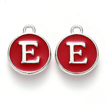 Platinum Plated Alloy Enamel Charms, Cadmium Free & Lead Free, Enamelled Sequins, Flat Round with Letter, Red, Letter.E, 14x12x2mm, Hole: 1.5mm