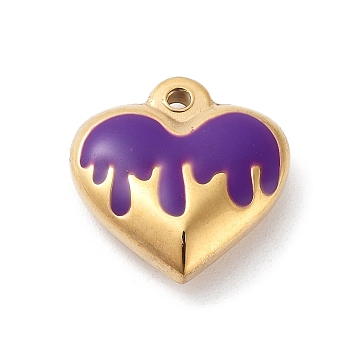 304 Stainless Steel Pendants, with Enamel, Golden, Heart Charm, Dark Orchid, 17x16.5x5.5mm, Hole: 1.7mm